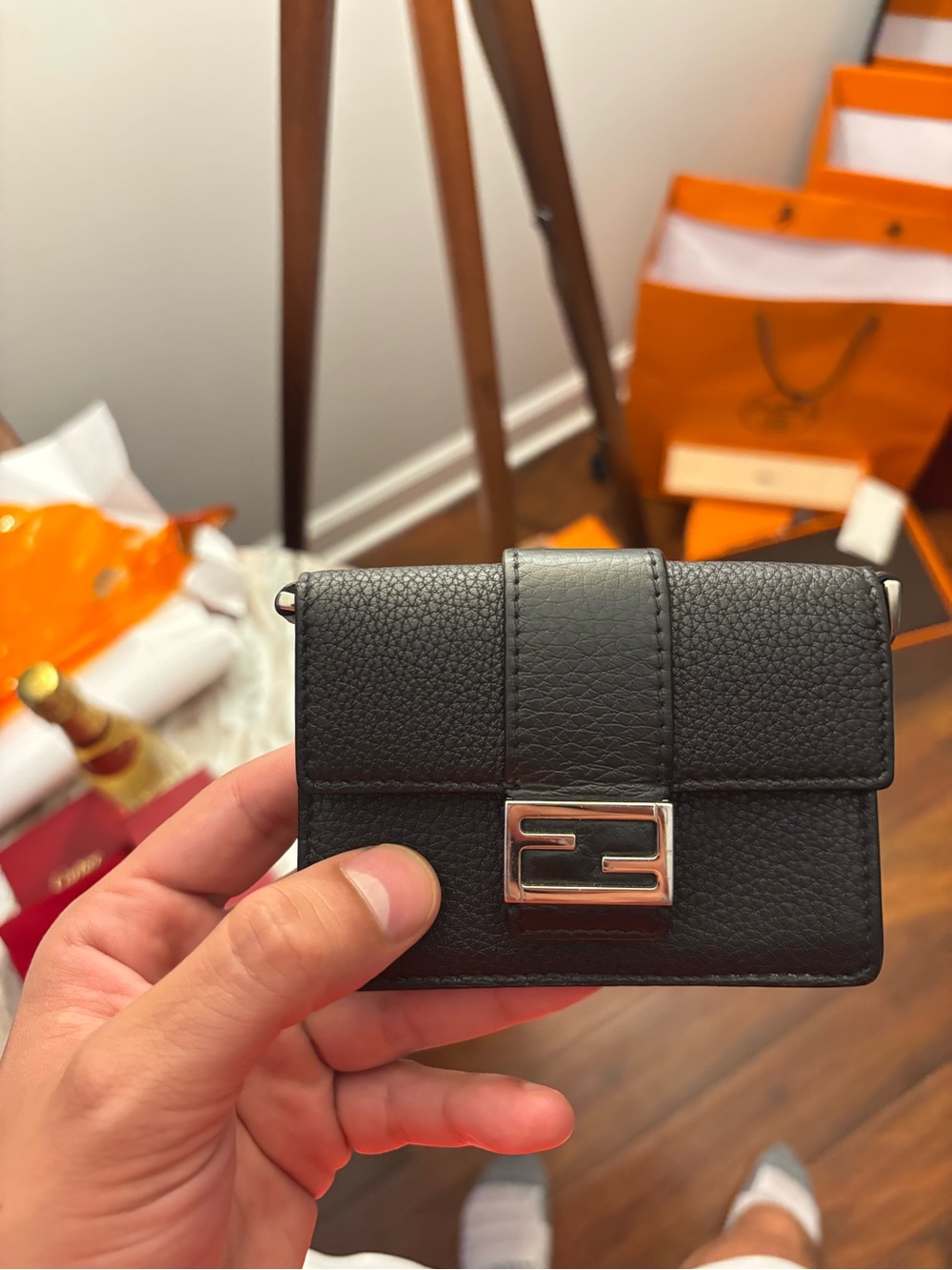 Fendi Black Leather Micro Baguette with Silver FF Logo